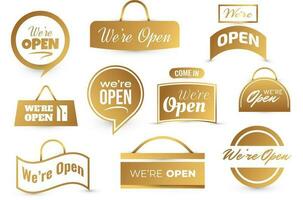 We Are Open, Text Collection for Sticker, Flyer, Header, Banner, Advertisement, and Announcement vector