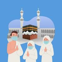 musulmán familia vistiendo ihram y máscara con kaaba antecedentes hajj saludo ilustración vector