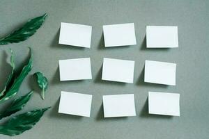 Blank small sheets of paper are arranged in rows and fresh leaves on a green background. Green concept. Reminders, goals and wishes. Top view photo