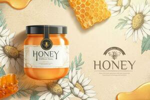 Wildflower honey ads with product flat lay on engraving style white flowers background, 3d illustration honeycombs and honey elements vector