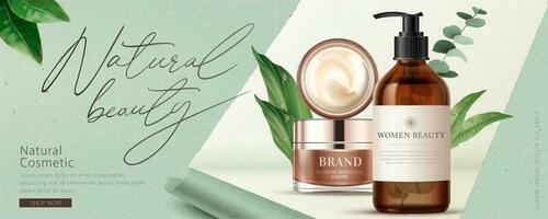 Ad banner for natural beauty products, decorated with ripped paper effect and natural leaves, concept of simple skincare, 3d illustration vector