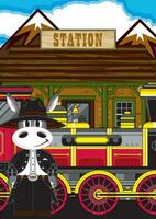 Cute Cartoon Wild West Donkey Cowboy Gunslinger with Vintage Steam Train vector