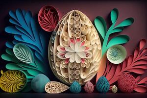 paper cut quilling multi dimensional easter egg in easter celebration, a lot of egg and small rabbit in background. Spring concept. photo