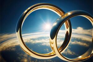 A pair of gold wedding rings floating in the sky. two wedding rings floating in the clouds with a sun in the background and a blue sky with clouds below them. . Wedding concept. photo