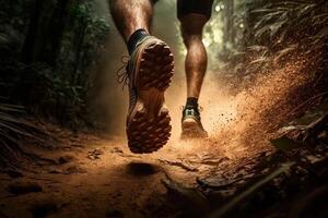 de cerca a el corredor pies es corriendo en el suciedad ruta a el selva, calle y la carretera. sendero corriendo deporte acción y humano desafío concepto. generativo ai foto