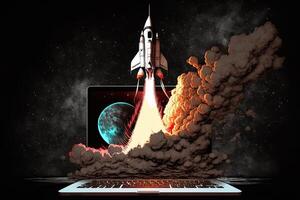 Rocket coming out of laptop screen, black background. AI digital illustration concept of ideas and start up. photo