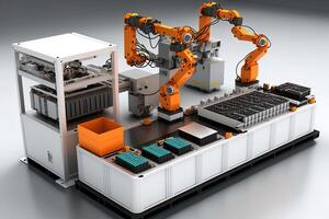 Interior of industry factory, Robot assembly line with electric car battery cells module on platform. photo