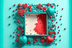 Valentine frame and banner. Red, blue, cyan, pink decoration. flat lay, romantic. Love and valentine day concept. photo