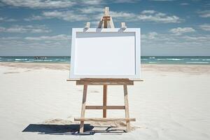 White blank artist frame on a small wooden easel on summer sea beach background with copy space. Advertising mockup artboard for pictures or artwork. Painting frame template banner. photo