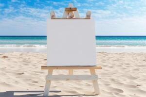 White blank artist frame on a small wooden easel on summer sea beach background with copy space. Advertising mockup artboard for pictures or artwork. Painting frame template banner. photo