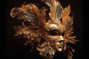 Venetian carnival mask. Gold color, colored feathers. Happy carnival festival, attributes of the Brazilian carnival. Venetian carnival mask and beads decoration. Mardi gras background. photo