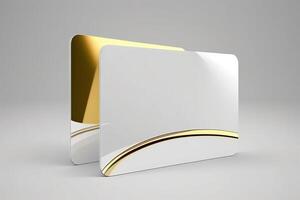 Generative AI a white card for mockup, horizontal rectangular with rounded corner shapes, front view, stunning light, studio light, reflexion of hundred fine lines of gold reflection, white background photo