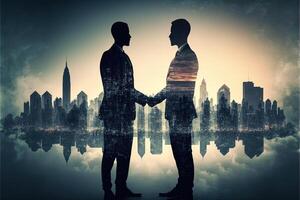 The double exposure image of two business man shaking hand with cityscape image. The concept of modern life, business, city life and internet of things. photo