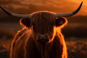 Scottish highland cow in the sunset. AI Generated photo