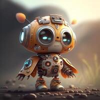 Cute white smiling robotic teen mini unit robot toy gesturing. Cute robot on a white backdrop with a pointing hand and a winking eye. technological idea. photo