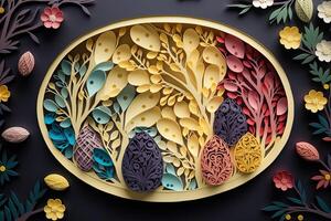 paper cut quilling multi dimensional easter egg in easter celebration, a lot of egg and small rabbit in background. Spring concept. photo