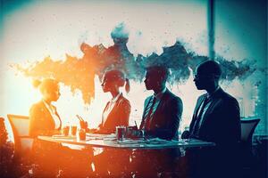 Silhouette of business people working together in office. Concept of teamwork and partnership. . Double exposure and network effects photo