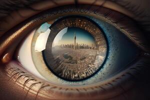 A photograph of a city from above inside the pupil of an eye realistic. Close-up Eye with a modern futuristic city inside it. Look for future. keep moving forward concept. photo