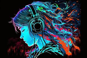 generativo ai un neón jugador anime Moda niña o mujer vistiendo auriculares, perdido en su música. resumen antecedentes ese evoca el sensación de diferente géneros de música. bandera música concepto foto