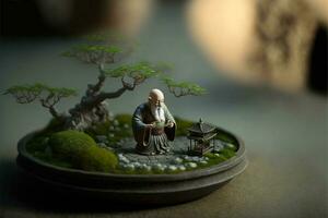 Miniature desk zen sandbox with Monk figure sit in Lotus position, stacked zen sea stones, brown elephant figurines, spa candles burning against dark studio background, copy space. photo