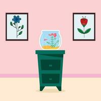 vector of a room with an aquarium on the table and a painting on the wall