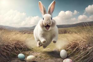 Running happy Easter bunny with eggs flying everywhere. Easter bunny with easter eggs, Easter day concept photo