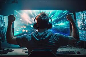 Professional eSports gamer rejoices in the victory in red blue illuminated game room. Gamer celebrating victory. Winning an eSports game. . Electronic sports player rejoices victory photo