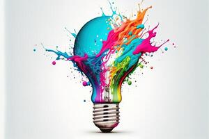 illustration of colorful bulb with splash of colors on white background. Creativity, eureka, imagination, inspiration. . Idea and solution concept photo