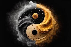 Golden and black yin yang symbol with floating powder on black background. abstraction, Buddhism, Hinduism, symbol, religion, balance concept. photo