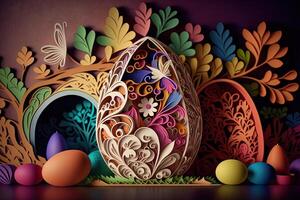 paper cut quilling multi dimensional easter egg in easter celebration, a lot of egg and small rabbit in background. Spring concept. photo