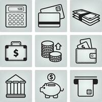 set of vector money icons, black graphic financial symbols