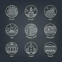 Urban landscape design elements set in linear style, include line buildings, trees, port, park, houses, church, shop, business center, city hall factory vector illustration