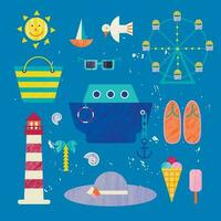 Vector summer colorful illustration, travelling, holidays. Set of sea objects, isolated on blue background. Ship, sun, hat etc