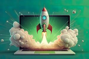 Rocket coming out of laptop screen, green background. AI digital illustration concept of ideas and start up. photo