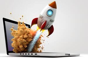 Rocket coming out of laptop screen, white background. AI digital illustration concept of ideas and start up. photo