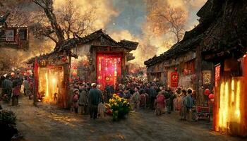 Ancient Chinese village, Chinese New Year, peach flower blossom, multi firework in the sky, bustling market, withered trees. Happy new year concept. Generate AI photo