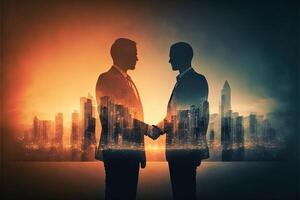 The double exposure image of two business man shaking hand with cityscape image. The concept of modern life, business, city life and internet of things. photo