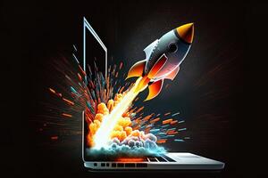 Rocket coming out of laptop screen, black background. AI digital illustration concept of ideas and start up. photo