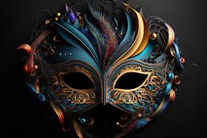 festive carnival mask with rich decoration, attributes of the Brazilian carnival. Venetian carnival mask and beads decoration. Mardi gras background. photo