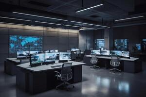 Empty interior of big modern security system control room workstation with multiple displays monitoring room with at security data center empty office desk and chairs. photo