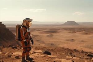 An astronaut arriving on mars standing outside of a spacecraft looking out at the vast 3. photo