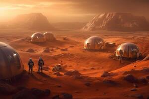 astronauta colonia en Marte descansando y tomando en el vista. ai generado foto