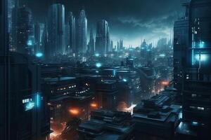 3d representación de un futurista ciudad a noche con un ciencia ficción tema. ai generado foto