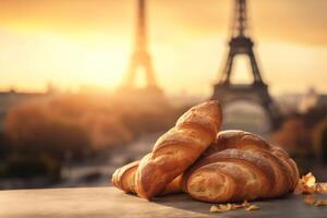 Delicious french croissants on romantic background of eiffel tower paris based on. photo