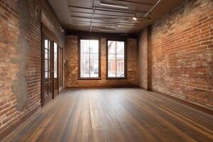 Empty room of business or residence with brick interior. photo