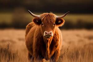 Fluffy cow in beautiful plain field. AI Generated photo