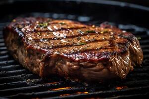 Closeup of juicy steak on grill. photo