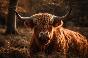 ilustrado retrato de tierras altas ganado. ai generado foto