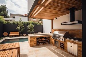 jardín terraza al aire libre dónde eso es mejor a gastar hora con parrilla barbacoa sitio piscina equipo interior moderno estilo. ai generado foto