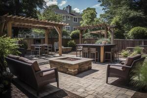 A patio with chairs tables and a fire place in the middle of the yard with a grill and grill in the back ground. photo